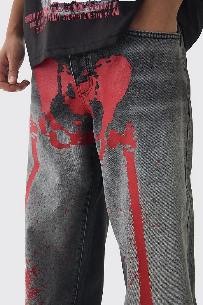 Baggy Fit Rigid Red Skeleton Printed Jeans | boohooMAN USA Baggy Fit Rigid Red Skeleton Printed Jeans | boohooMAN USA